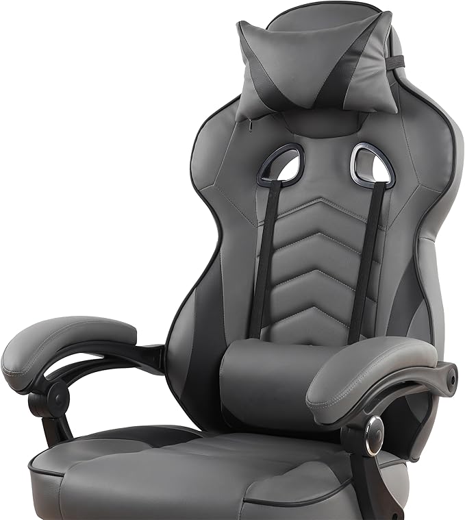 Executive Office or Gaming Chair with Footrest, Padded PU Leather Office Chair with 150-Degree Recline, Lumbar Support & Headrest Pillow, Grey