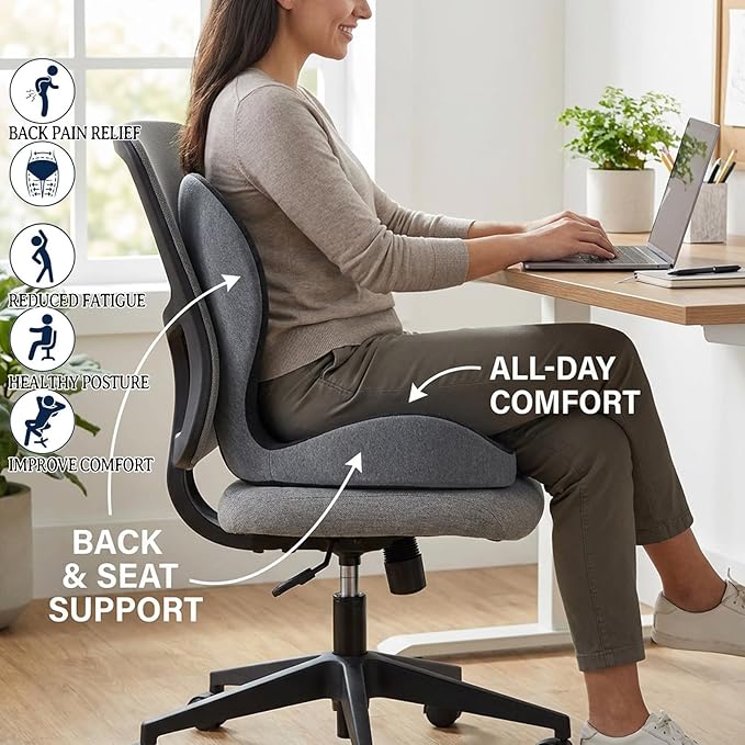 Ergonomic Memory Foam Seat Cushion, L-Shaped Back Support Pillow for Office Chair, Car Seat & Home, Pressure Relief Cushion for Driving & Long Sitting