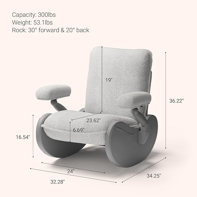 MAMAZING Lullabud Nursery Rocking Chair Glider with Adjustable Armrests for Breastfeeding, Upholstered Nursing Chair with Removable Cover (Grey/Grey)
