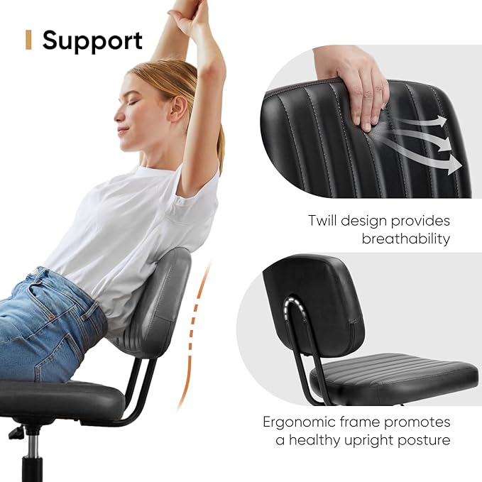 DUMOS Small Armless Home Desk Chair with Low Back Lumbar Support, Height Adjustable PU Leather Computer Task Chair with 360° Swivel Wheels, for Small Space, Adults, New Black