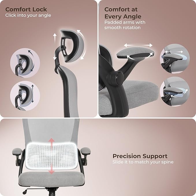 AeroCore M320 Ergonomic Office Chair, High Back Breathable Mesh Computer Chair with Lumbar Support, Adjustable Headrest & Tilt, Flip-Up Arms, 360° Swivel Home Office Desk Chair, Gray