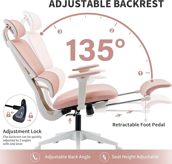 Ergonomic Office Chair with Footrest, 90-135° Reclining High Back Desk Chair with Lumbar Support, 2D Headrest, 2D Armrests, Computer Chair for Long Hours, Pink