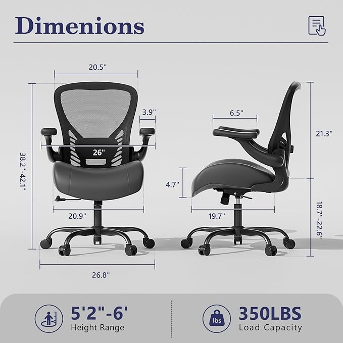 GYI Ergonomic Office Chair, Computer Desk Chair with Memory Foam Seat, Technical Mesh Back, 3D Flip-up Arms, Adjustable Lumbar Support&Height, Wheels for Home or Office, Black