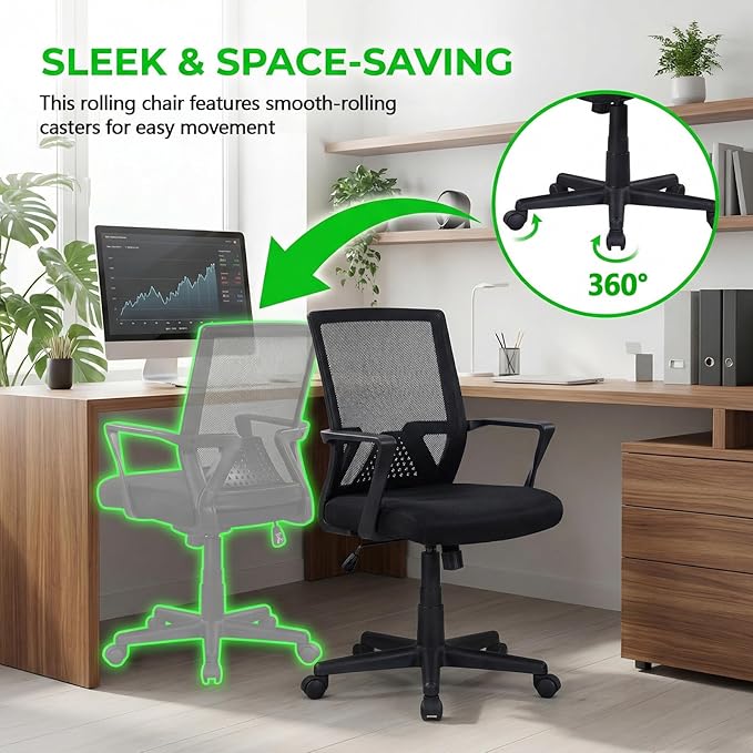 Mesh Office Chair, Breathable Mid-Back Ergonomic Work Chair with Lumbar Support & High-Density Foam Seat, Black Mesh Chair for Home & Office