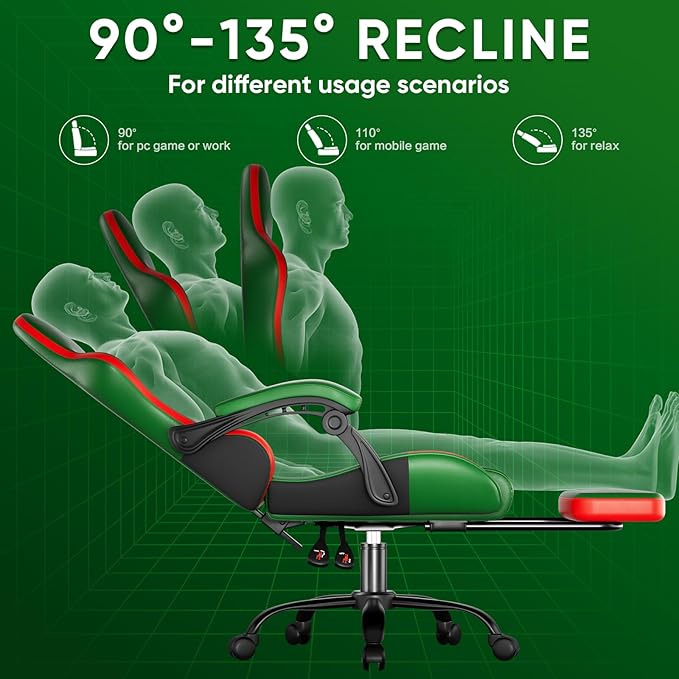 Czlolo Gaming Chair, Lumbar Support Massage Computer Chair, High Back Gamer Chair, with Footrest and Headrest, Lumbar Pillow, Recline, Wide Seat, Gaming Chairs for Christmas/Birthday Gifts, Green
