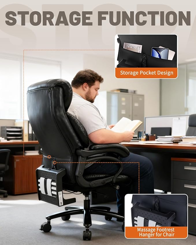 800LBS Heavy Duty Office Chair & Massage Footrest Big & Tall Executive Chair with Adjustable Lumbar Support, PU Leather, Extra Wide Seat for Comfort