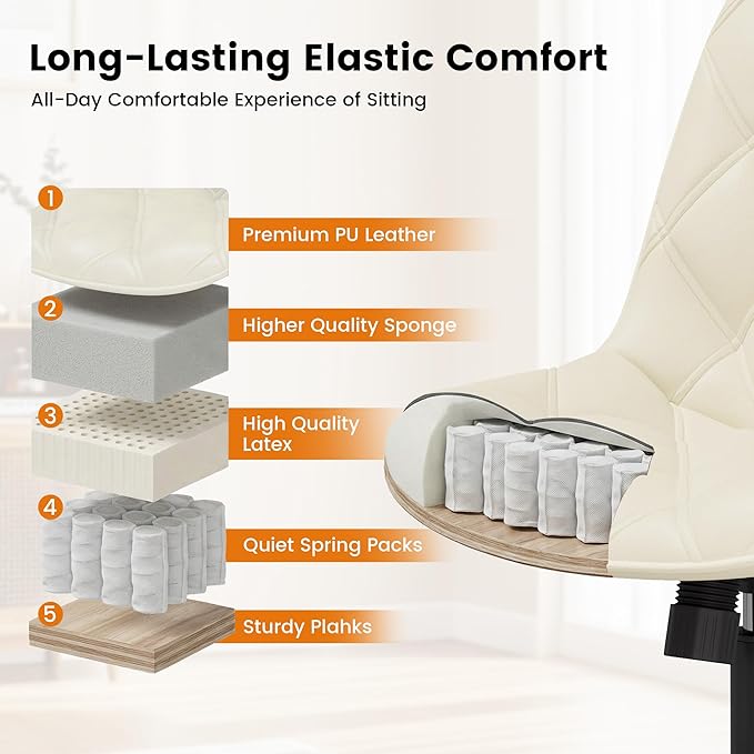 Armless Office Chair, Mid Back Modern Desk Chair with Rubber Wheels, 360 Swivel PU Leather Office Chair No Arms, Adjustable Height Small Computer Chair, Armless Desk Chair for Office, White