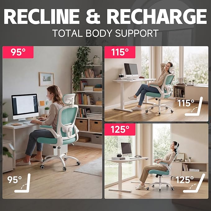 Office Computer Desk Chair - Lumbar Support and Headrest, Ergonomic Mesh Back Swivel Task Chair,Flip-Up Arms for Desk Work, 90-120° Tilt Rolling Chair for Home Office(White-Blue6076)