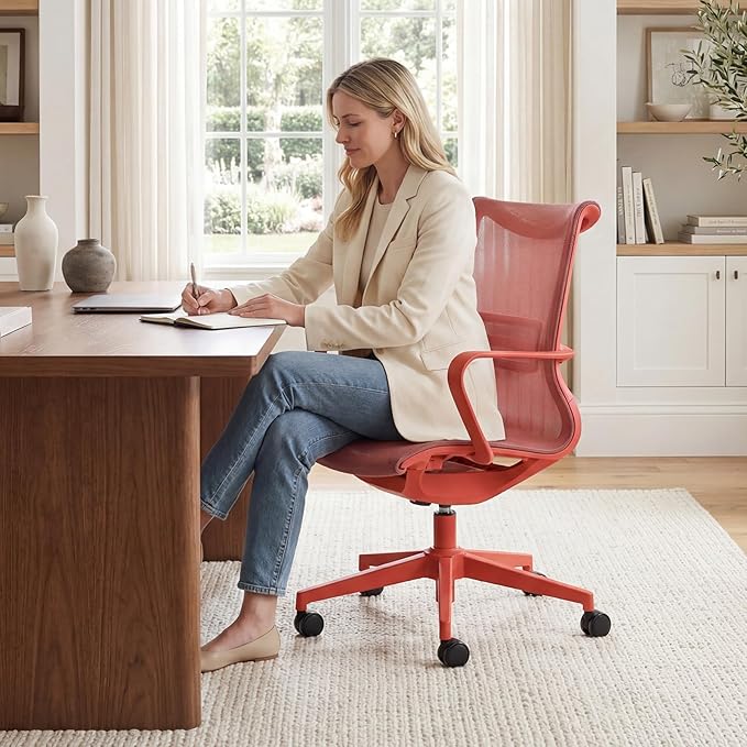 LuxErgo Ergonomic Mesh Office Chair, Mid Back Desk Chair with Lumbar Support & Armrests, Height Adjustable, 115° Recline, 360° Swivel Rolling Task Chairs for Home Office, Red
