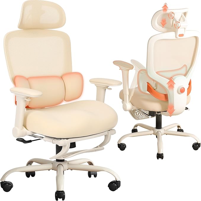 Ergonomic Office Chair with 4D Flip-Up Arms & Footrest, Mesh Desk Gaming Chair with 3D Headrest & 2D Floating Wing Lumbar Support, High Back Computer Chair for Home Office Vanity, Beige