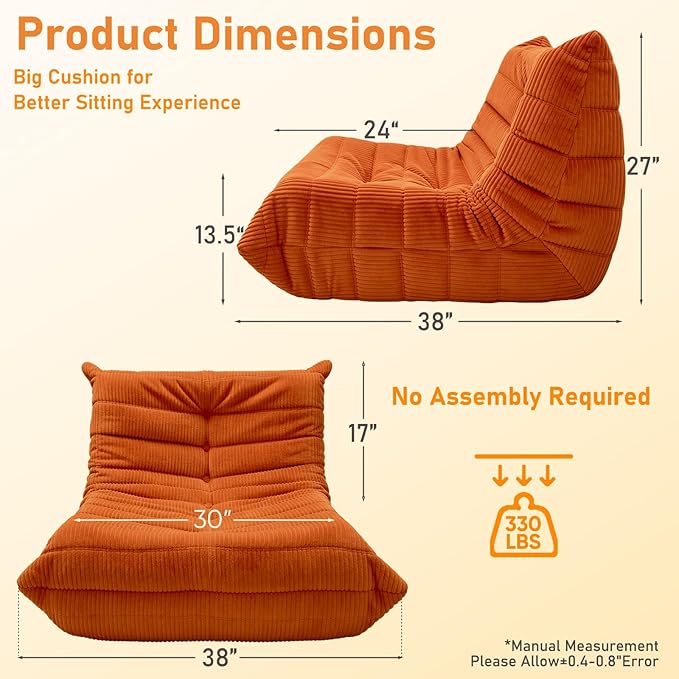 Trenda Bean Bag Chairs for Adults - Comfy High-Density Foam Fireside Chair, Adult Size, Soft Corduroy Cover Beanbag Couch, Versatile for Living Room, Bedroom, Dorm, Reading & Gaming (Orange)