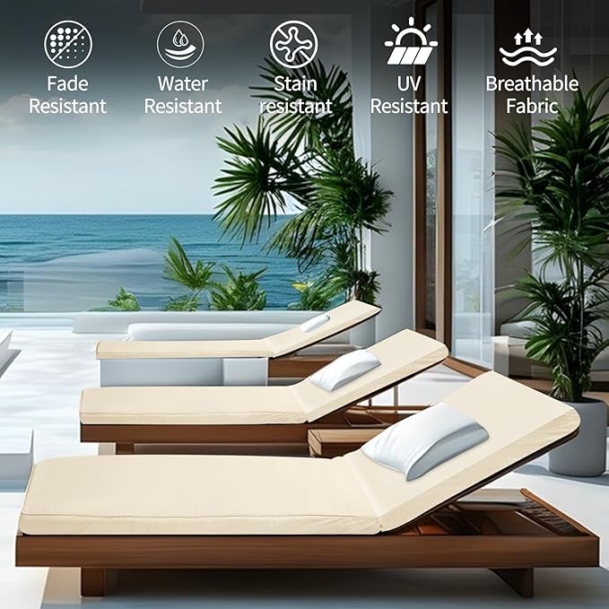 Outdoor Chaise Lounge Cushions for Patio, Lounge Chair Cushions, Waterproof Replacement Seat Pads for Outdoor Furniture (2, Beige, 80"x26"x3")
