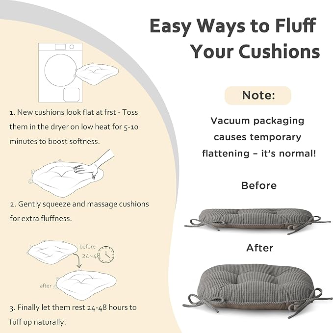 ELFJOY Dining Chair Cushions Set of 2 Thick Non Slip Kitchen Chair Pads with Ties Comfortable Indoor Kitchen Seat Cushions (18" x 18" x 3" Light Grey)