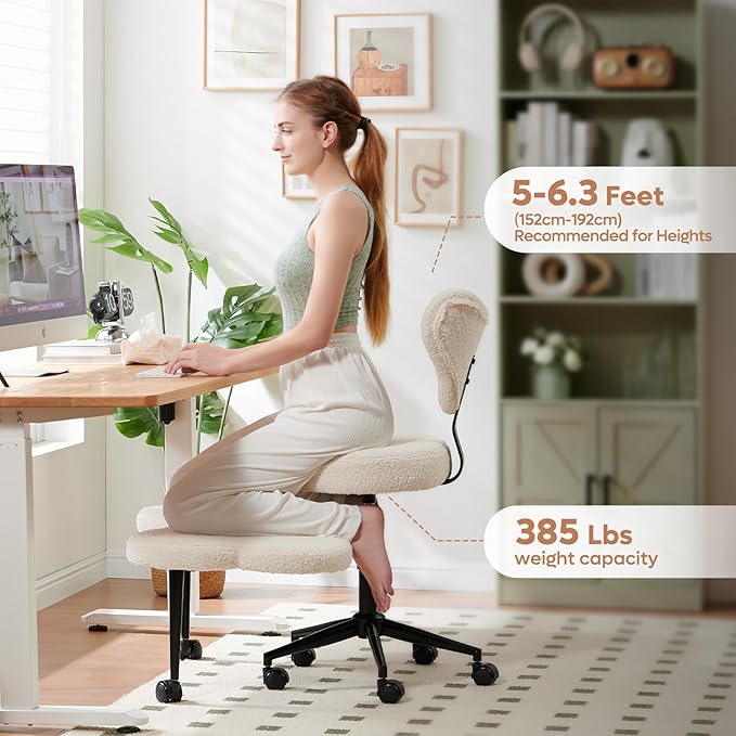 Pinmoco Ergonomic Cross Legged Chair, 360° Swivel Meditation Chair with Wheels, Height Adjustable Seat for ADHD, Strong Lumbar Support, Chic Home Office Furniture, Teddy Fabric, Off White