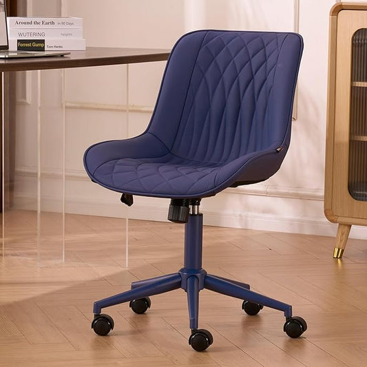 YOUNIKE Faux Leather Ergonomic Office Chair Armless Comfy Desk Chair with Rocking Back Cute Swivel Vanity Chair with Wheels Height Adjustable Small Computer Task Chair for Sewing Drafting Navy Blue