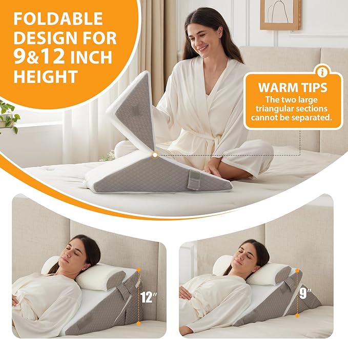 Ruqmuis 3PCS Wedge Pillow Set for After Surgery, Adjustable 9&12 Inch Bed Wedge Pillow for Sleeping, Incline Pillow Wedge for Headboard, Post Surgery, Acid Reflux, Neck&Back Support, White/Grey