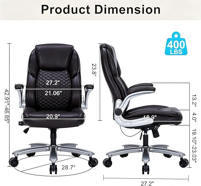 Big and Tall Office Chair, Ergonomic Desk Chair with Flip-up Arms, PU Leather Office Chair for Home Office, Computer Chair with Adjustable Lumbar Support, Space Saving Executive Task Chair