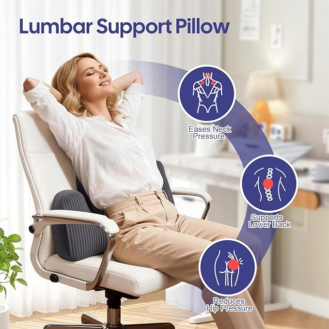 Lumbar Support Pillow for Recliner, Back Support Pillow for Office Chair, Ergonomic Corduroy Cloud pillow with Shredded Foam , Lower Back Pain Relief for Gaming Chair, Couch, Dark Grey