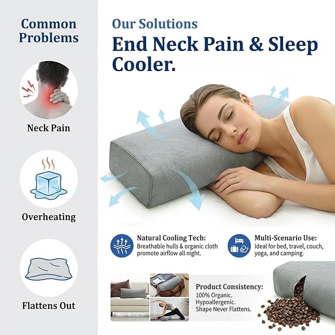 Buckwheat Pillow & Cervical Pillows for Sleeping (21x8x3inch) 100% Organic Coarse Cloth Package w Organic Buckwheat Hulls, Natural Cooling Technology and Relieve Cervical Pain. (C-Gray)