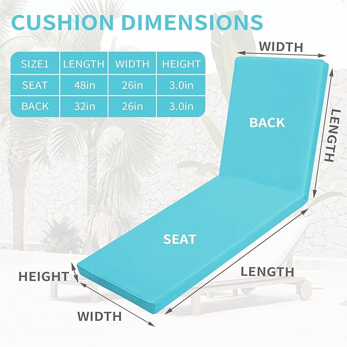 Outdoor Chaise Lounge Cushions for Patio, Lounge Chair Cushions, Waterproof Replacement Seat Pads for Outdoor Furniture (2, Teal, 80"x26"x3")