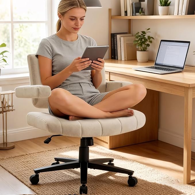 Vigosit Criss Cross Office Chair, Plush Oversized for Cross-Legged Sitting, Adjustable Arms & 360° Swivel Casters - for Home Office, Study, Gaming, Vanity, Comfortable Computer Chair(White)