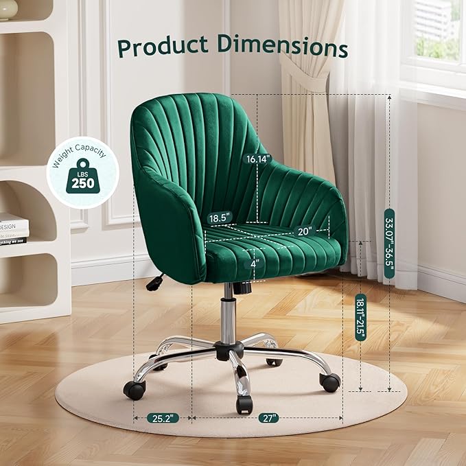 Warmiehomy Desk Chair, Velvet Office Chair, Comfy Reading Chair for Home Office, Women Luxe Computer Vanity Chair for Bedroom, Emerald Green