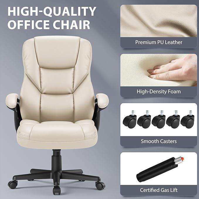 Shahoo Ergonomic Office Chair Executive Adjustable Desk Chair with Flip-up Armrests PU Leather Swivel Computer Chair for Home Office Gaming, Lumbar Support Space Saving 300lbs Capacity, Begie