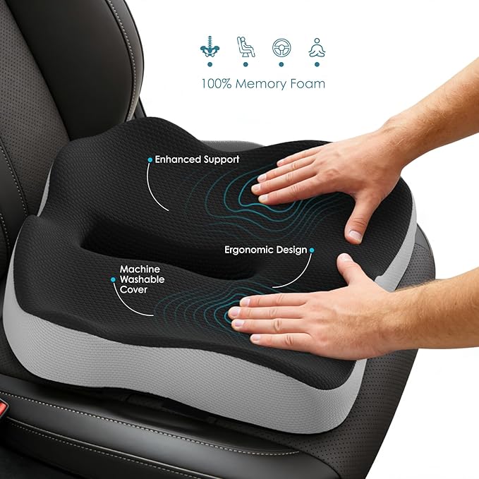 Car Seat Cushion, Extra Large Memory Foam Cushion with Adjustable Strap for Truck Drivers & Long Driving, Orthopedic Sciatica and Tailbone Pain Relief, Comfort Support for Travel Essentials