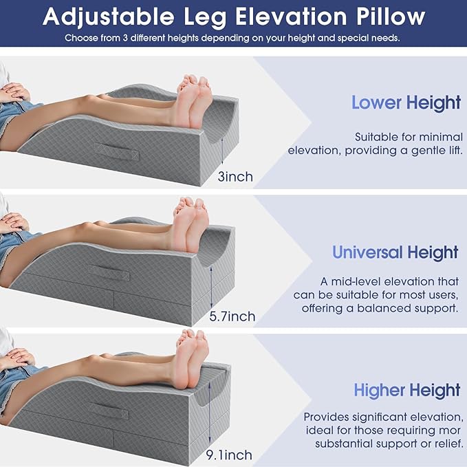 CushZone Leg Pillow, Leg Elevation Pillow with Pad and Memory Foam, Height Adjustable Bolster Pillow for Legs, Leg Pillow Elevation Blood Circulation, for Post-Surgery, Grey