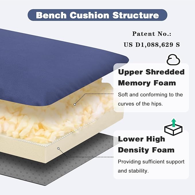 baibu 48In Outdoor Bench Cushion Waterproof, Bench Cushions for Outdoor Furniture, Dual-Layer Memory Foam atio Furniture Cushions, Porch Swing Seat Pad with Washable Cover & Ties, 48x16x3.5, Navy Blue
