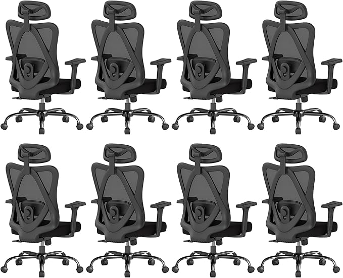 Ergonomic Office Chair with Adjustable Lumbar Support, High Back Mesh Computer Desk Chairs with 3D Headrest and Armrest, Rocking Function, for Home, Office, 8PC, Black