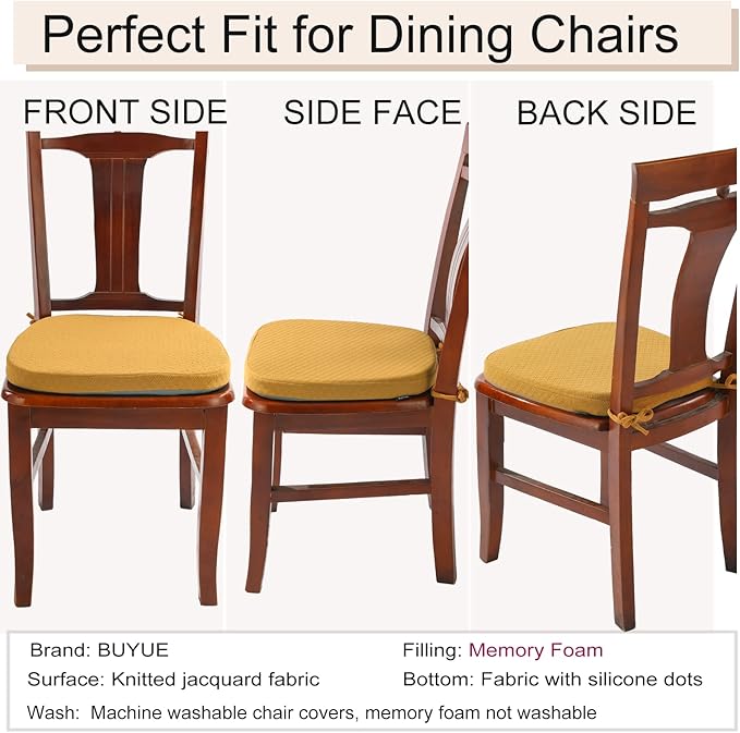 BUYUE Luxury 100% Pure Memory Foam Chair Cushions 4 Pack, Jacquard 16" U-Shape Comfortable Dining Chair Pads, Removable Slip Resistant Kitchen Chair Seat Cushions, (Set of 4, Ocher)