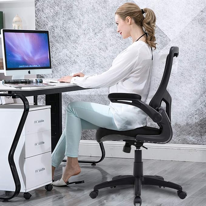 BestOffice Home Office Chair Mesh Desk Chair Computer Chair with Lumbar Support Flip Up Arms Ergonomic Chair Adjustable Swivel Rolling Executive Mid Back Task Chair for Women Adults, Black