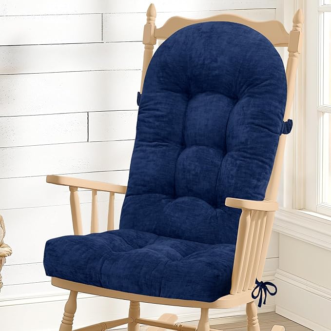 Rocking Chair Cushion - Chenille Fabric, High-Density Sponge, Durable Comfort Non-Slip Bottom Tufted Seat Pads with Ties, Chenille︱Dark Blue, 44x19x4 inch
