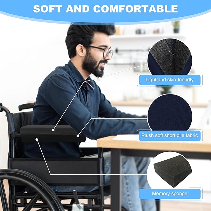 SPRING SEAON Wheelchair Accessories Armrest Covers (Pair), Short Plush Memory Foam Pads, Non-Slip Bottom, Wide Hook-and-Loop Straps, Washable, for Wheelchair/Transport/Office/Gaming Chairs, Navy Blue
