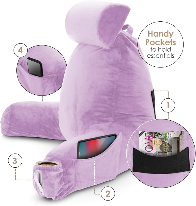 Clara Clark Reading Pillow with Shredded Memory Foam Includes 2 Neck and Lumber Support Pillows, Designed for Sitting Up in Bed and Couch, Back and Arms Adjustable Support for Adults & Teens, Lavender