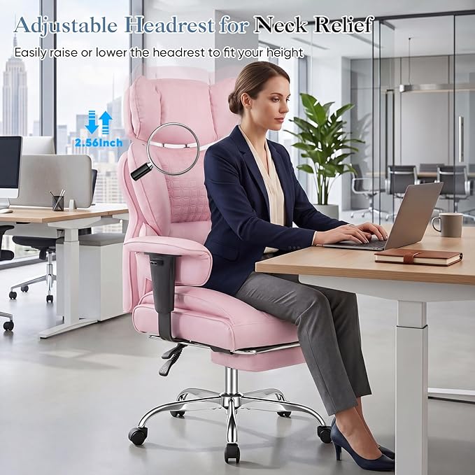 DUMOS Big and Tall Home Office Desk Chair, Gaming Computer Chair, Executive Ergonomic Chair with Footrest, High Back Reclining, Adjustable Armrests and Comfy Lumbar Support, PU Leather, Pink