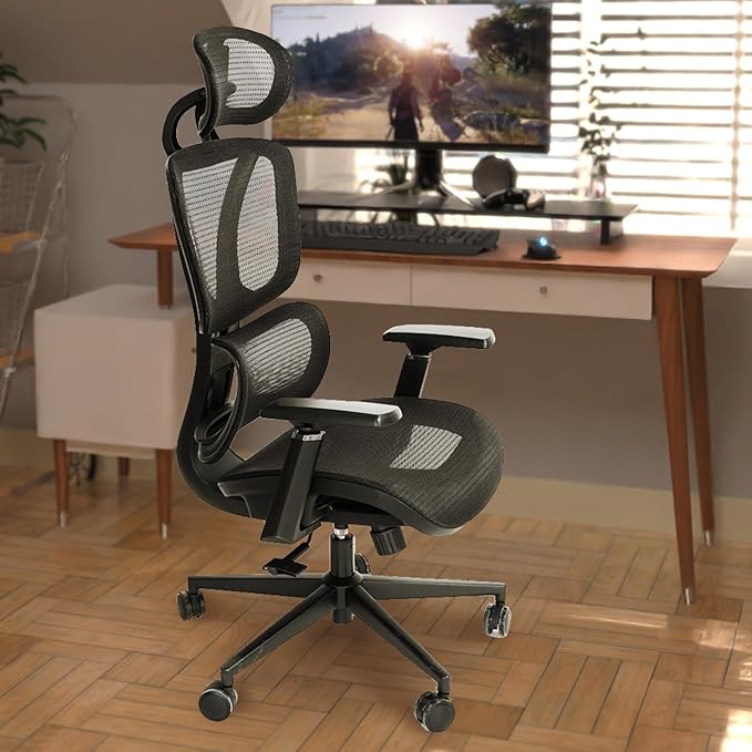 FOH Ergonomic Mesh Office Chair with Breathable Mesh, Computer Desk Chair, Ergonomic Task Chair with Adjustable Backrest Lumbar Support, Armrests and 360°Rotation for Home Office