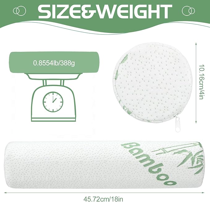 Bucherry 2 Pcs 18 x 4 Inches Cervical Neck Roll Memory Foam Pillow Cylinder Bolster Pillow for Bed Round Neck Support with Removable Washable Cover for Sleeping Travel Yoga Legs Back Lumbar