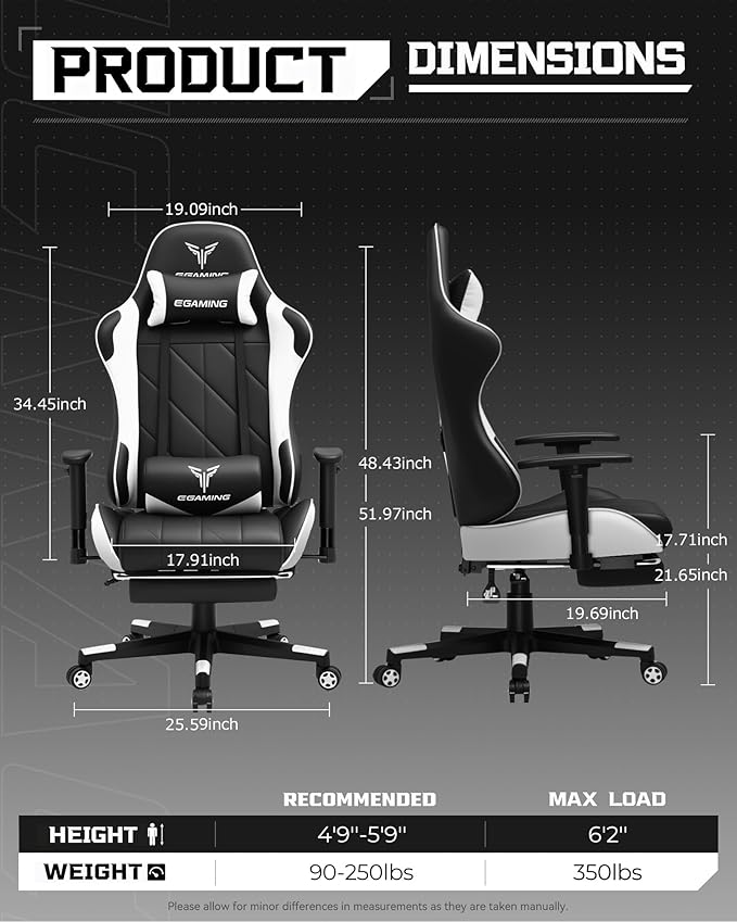 Gaming Chair, Big and Tall Video Game Chair with High Back PU Leather, Home Office Ergonomic Computer Chair with Footrest, Adjustable Height, 360° Swivel Wheels for Adults and Teens (White)
