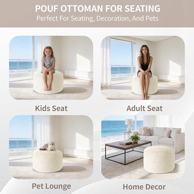 26" x 26" x 22" Large Stuffed Pouf Ottoman, Round Foot Rest with Odorless Filling, Soft & Cozy Corduroy Foot Stool for Living Room, Bedroom, Office, Room Decoration (Beige)