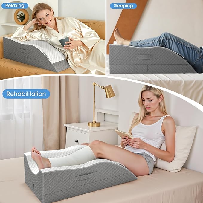 TranquilRelax Elevation Pillows for Leg After Surgery, Memory Foam Adjustable Wedge Pillow for Injury or Rest, Ankle Pillow for Sleeping Blood Circulation Grey/Double Leg