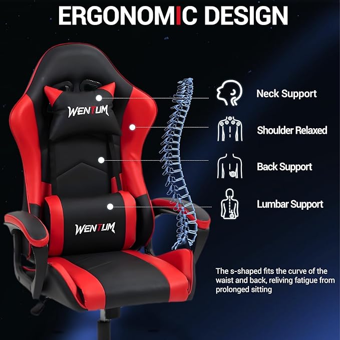 Gaming Chair PU Leather Massage PC Video Game Chair with Lumbar Support for Men Women, Home Office, Height Adjustable, Ergonomic, High Back, Red