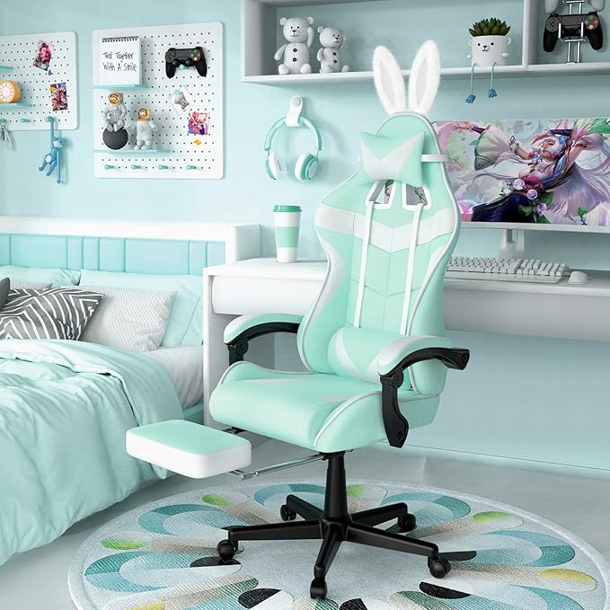 Soontrans Light Green Gaming Chair with Footrest,Lovely Cute Bunny Computer Gamer Chair,Kawaii Desk Chair for Granddaughter,Sister,Girlfriend,Wife and Love