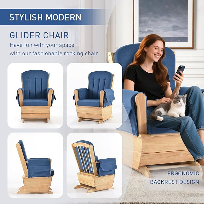 Modern Glider Rocker with Padded Cushion, Solid Wood Glider Gentle Rocking Chair, Soft Skin-Friendly Three Proof Fabric, Water Oil Resistant,Smooth Rocking Motion Indoor Living Room, Blue