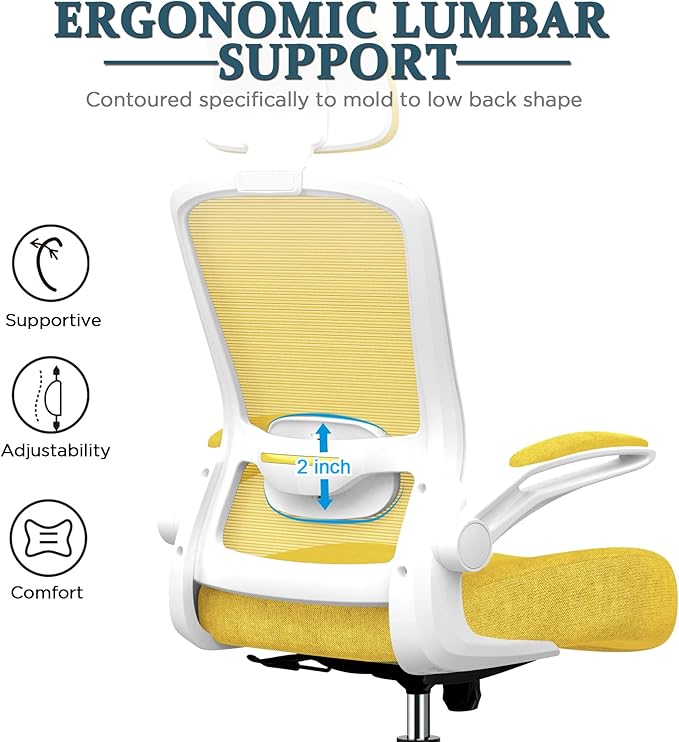 Mimoglad Office Chair, High Back Ergonomic Desk Chair with Adjustable Lumbar Support and Headrest, with flip-up Armrests for Guitar Playing, 5 Years Warranty (Modern, Golden Light)