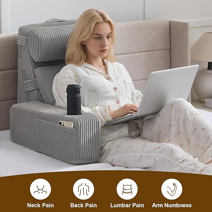 Reading Pillow for Sitting in Bed Adult, Back Pillow for Bed Sitting up with Arms, Pockets and Cup Holder, Sit Up Backrest Pillows for Beds Chair Support, Rest Pillow for Gaming