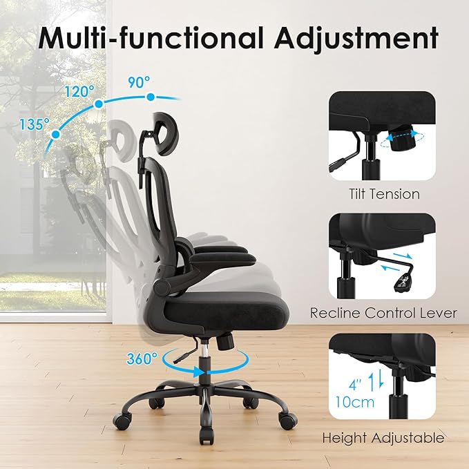Breathable All-Mesh Ergonomic Chair with Headrest - High Back Desk Chair for Cool, Sweat-Free Work Sessions, Silent Casters Perfect for Bedroom Office (Black)