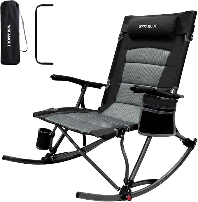 13.8" High Seat Rocking Camping Chair Outdoor with Foot Rest & Headrest, Oversized Folding Rocker Chair with Carry Bag for Lawn Patio Supports 300 lbs