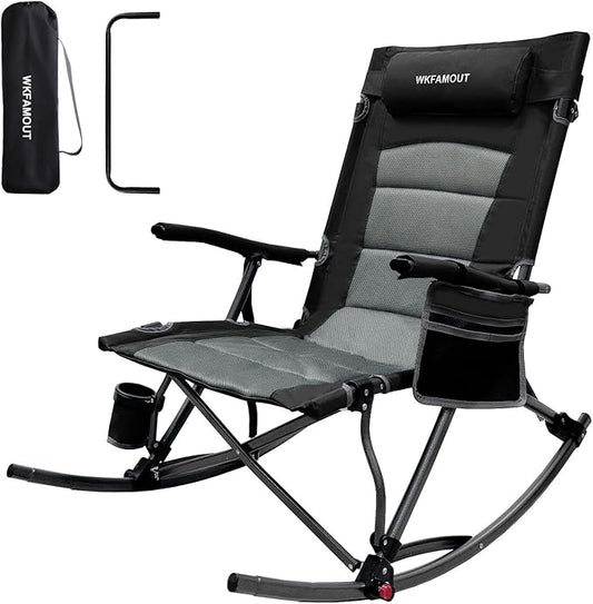 13.8" High Seat Rocking Camping Chair Outdoor with Foot Rest & Headrest, Oversized Folding Rocker Chair with Carry Bag for Lawn Patio Supports 300 lbs